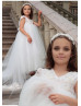 Pink Lace Ivory Tulle Flower Girl Dress With Train